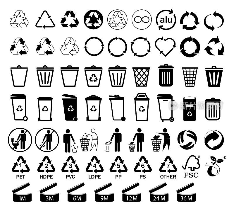 设置回收图标sign. recycle .垃圾桶图标。黑色图标为包装，回收，生态，生态友好，环境管理符号。